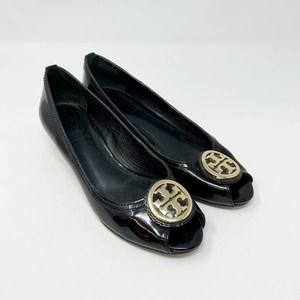 Tory Burch Black Patent Leather Peep Toe Wedge Heels Size 6
